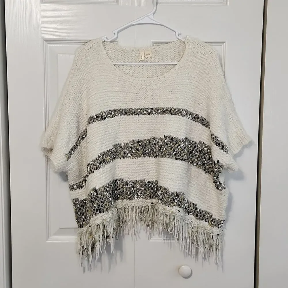 Anthropologie Moth Women's Cream Sweater Poncho Size‎ Med Cropped Boxy Stripes